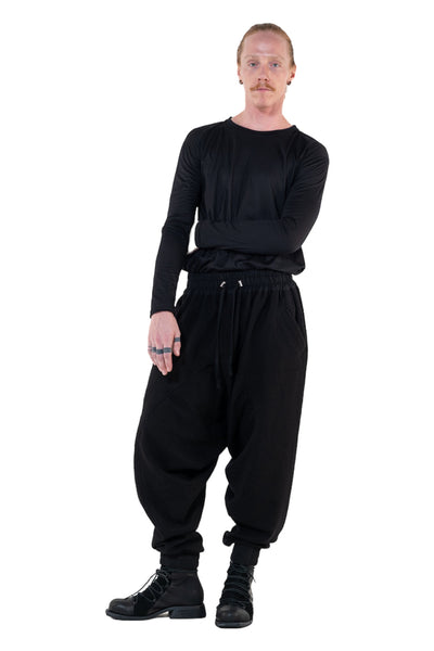 Shop Emerging Slow Fashion Genderless Alternative Avant-garde Designer Mark Baigent Annex Collection Fair Trade Black Cotton Terry Aal Low Crotch Jogging Pants at Erebus