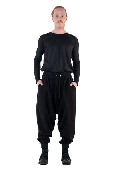 Shop Emerging Slow Fashion Genderless Alternative Avant-garde Designer Mark Baigent Annex Collection Fair Trade Black Cotton Terry Aal Low Crotch Jogging Pants at Erebus