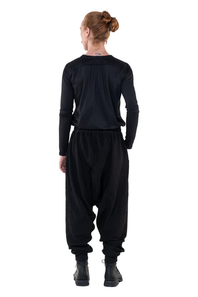 Shop Emerging Slow Fashion Genderless Alternative Avant-garde Designer Mark Baigent Annex Collection Fair Trade Black Cotton Terry Aal Low Crotch Jogging Pants at Erebus