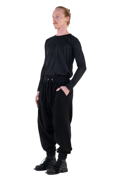 Shop Emerging Slow Fashion Genderless Alternative Avant-garde Designer Mark Baigent Annex Collection Fair Trade Black Cotton Terry Aal Low Crotch Jogging Pants at Erebus