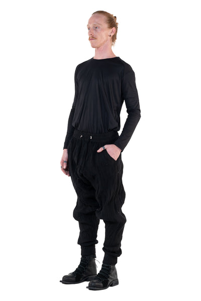 Shop Emerging Slow Fashion Genderless Alternative Avant-garde Designer Mark Baigent Annex Collection Fair Trade Black Cotton Terry Aal Low Crotch Jogging Pants at Erebus