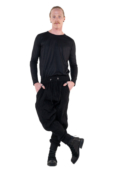 Shop Emerging Slow Fashion Genderless Alternative Avant-garde Designer Mark Baigent Annex Collection Fair Trade Black Cotton Terry Aal Low Crotch Jogging Pants at Erebus