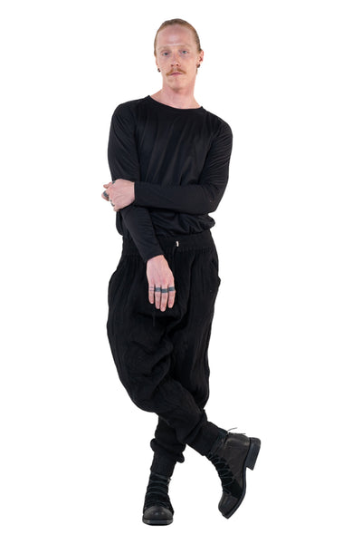 Shop Emerging Slow Fashion Genderless Alternative Avant-garde Designer Mark Baigent Annex Collection Fair Trade Black Cotton Terry Aal Low Crotch Jogging Pants at Erebus