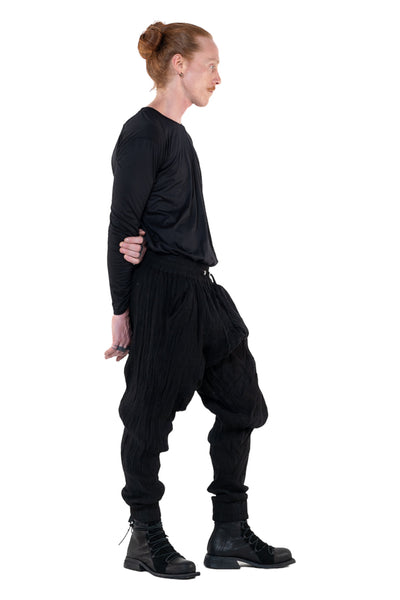 Shop Emerging Slow Fashion Genderless Alternative Avant-garde Designer Mark Baigent Annex Collection Fair Trade Black Cotton Terry Aal Low Crotch Jogging Pants at Erebus