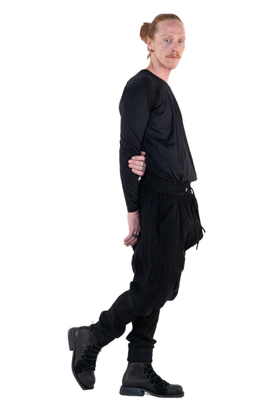 Shop Emerging Slow Fashion Genderless Alternative Avant-garde Designer Mark Baigent Annex Collection Fair Trade Black Cotton Terry Aal Low Crotch Jogging Pants at Erebus