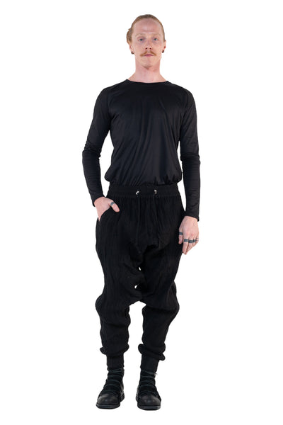 Shop Emerging Slow Fashion Genderless Alternative Avant-garde Designer Mark Baigent Annex Collection Fair Trade Black Cotton Terry Aal Low Crotch Jogging Pants at Erebus