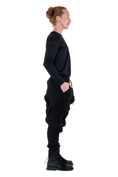 Shop Emerging Slow Fashion Genderless Alternative Avant-garde Designer Mark Baigent Annex Collection Fair Trade Black Cotton Terry Aal Low Crotch Jogging Pants at Erebus