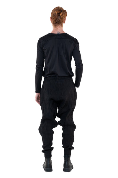 Shop Emerging Slow Fashion Genderless Alternative Avant-garde Designer Mark Baigent Annex Collection Fair Trade Black Cotton Terry Aal Low Crotch Jogging Pants at Erebus