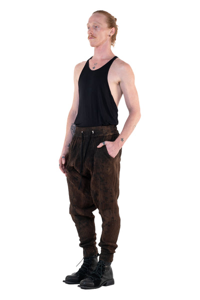 Shop Emerging Slow Fashion Genderless Alternative Avant-garde Designer Mark Baigent Annex Collection Fair Trade Signature Noda Brown Batik Cotton Terry Aal Low Crotch Jogging Pants at Erebus