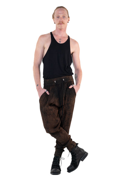 Shop Emerging Slow Fashion Genderless Alternative Avant-garde Designer Mark Baigent Annex Collection Fair Trade Signature Noda Brown Batik Cotton Terry Aal Low Crotch Jogging Pants at Erebus