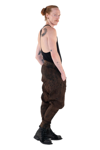 Shop Emerging Slow Fashion Genderless Alternative Avant-garde Designer Mark Baigent Annex Collection Fair Trade Signature Noda Brown Batik Cotton Terry Aal Low Crotch Jogging Pants at Erebus