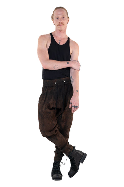 Shop Emerging Slow Fashion Genderless Alternative Avant-garde Designer Mark Baigent Annex Collection Fair Trade Signature Noda Brown Batik Cotton Terry Aal Low Crotch Jogging Pants at Erebus