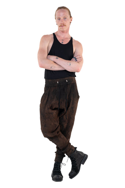 Shop Emerging Slow Fashion Genderless Alternative Avant-garde Designer Mark Baigent Annex Collection Fair Trade Signature Noda Brown Batik Cotton Terry Aal Low Crotch Jogging Pants at Erebus