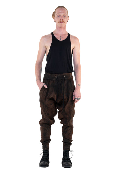 Shop Emerging Slow Fashion Genderless Alternative Avant-garde Designer Mark Baigent Annex Collection Fair Trade Signature Noda Brown Batik Cotton Terry Aal Low Crotch Jogging Pants at Erebus