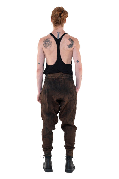 Shop Emerging Slow Fashion Genderless Alternative Avant-garde Designer Mark Baigent Annex Collection Fair Trade Signature Noda Brown Batik Cotton Terry Aal Low Crotch Jogging Pants at Erebus