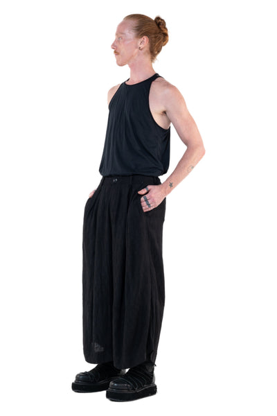 Shop Emerging Slow Fashion Genderless Alternative Avant-garde Designer Mark Baigent Annex Collection Fair Trade Black Linen Viscose Blend About Blank Wide Leg Culottes at Erebus