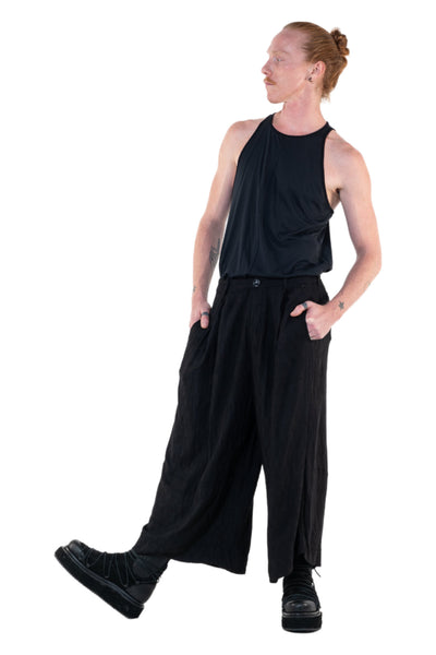 Shop Emerging Slow Fashion Genderless Alternative Avant-garde Designer Mark Baigent Annex Collection Fair Trade Black Linen Viscose Blend About Blank Wide Leg Culottes at Erebus