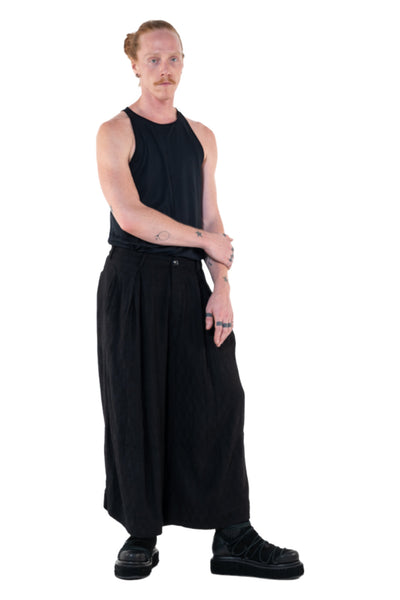 Shop Emerging Slow Fashion Genderless Alternative Avant-garde Designer Mark Baigent Annex Collection Fair Trade Black Linen Viscose Blend About Blank Wide Leg Culottes at Erebus