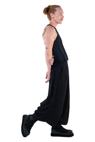 Shop Emerging Slow Fashion Genderless Alternative Avant-garde Designer Mark Baigent Annex Collection Fair Trade Black Linen Viscose Blend About Blank Wide Leg Culottes at Erebus