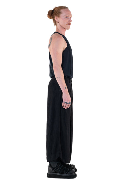 Shop Emerging Slow Fashion Genderless Alternative Avant-garde Designer Mark Baigent Annex Collection Fair Trade Black Linen Viscose Blend About Blank Wide Leg Culottes at Erebus