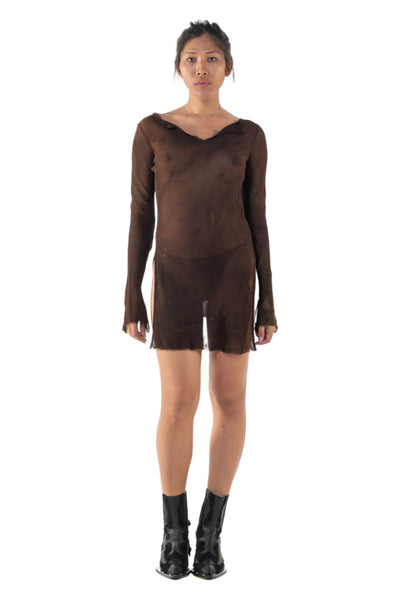 Shop Emerging Slow Fashion Genderless Alternative Avant-garde Designer Mark Baigent Annex Collection Fair Trade Signature Brown Hand-knit Viscose Sheer Albatross Top at Erebus