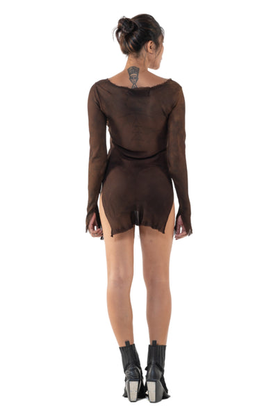 Shop Emerging Slow Fashion Genderless Alternative Avant-garde Designer Mark Baigent Annex Collection Fair Trade Signature Brown Hand-knit Viscose Sheer Albatross Top at Erebus