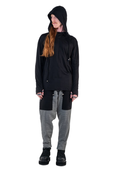 Shop Emerging Slow Fashion Genderless Alternative Avant-garde Designer Mark Baigent Annex Collection Fair Trade Signature Black Cotton Bagamér Hooded Top at Erebus