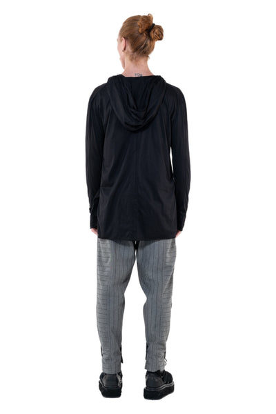 Shop Emerging Slow Fashion Genderless Alternative Avant-garde Designer Mark Baigent Annex Collection Fair Trade Signature Black Cotton Bagamér Hooded Top at Erebus