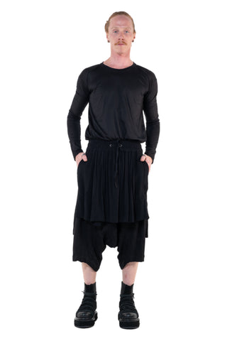 Shop Emerging Slow Fashion Genderless Alternative Avant-garde Designer Mark Baigent Annex Collection Fair Trade Black Linen Viscose Blend Low Crotch Bastian Shorts at Erebus