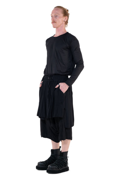 Shop Emerging Slow Fashion Genderless Alternative Avant-garde Designer Mark Baigent Annex Collection Fair Trade Black Linen Viscose Blend Low Crotch Bastian Shorts at Erebus