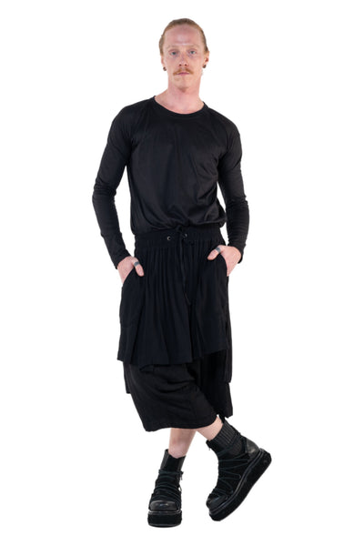 Shop Emerging Slow Fashion Genderless Alternative Avant-garde Designer Mark Baigent Annex Collection Fair Trade Black Linen Viscose Blend Low Crotch Bastian Shorts at Erebus