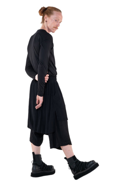 Shop Emerging Slow Fashion Genderless Alternative Avant-garde Designer Mark Baigent Annex Collection Fair Trade Black Linen Viscose Blend Low Crotch Bastian Shorts at Erebus