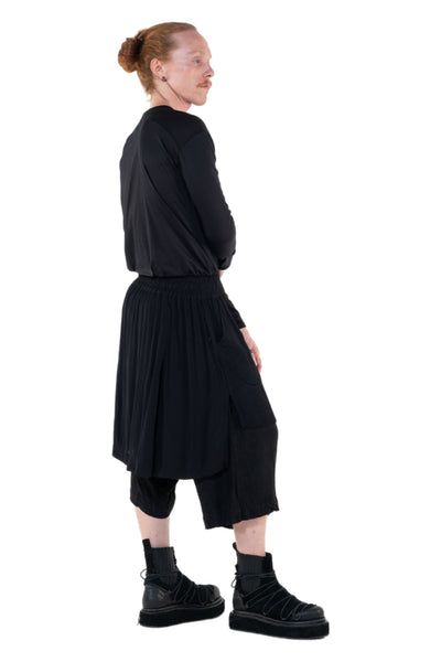 Shop Emerging Slow Fashion Genderless Alternative Avant-garde Designer Mark Baigent Annex Collection Fair Trade Black Linen Viscose Blend Low Crotch Bastian Shorts at Erebus