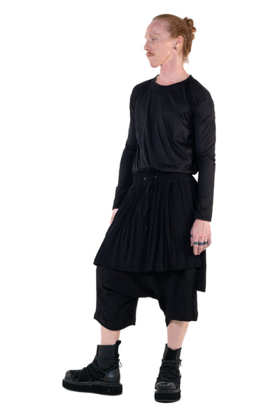 Shop Emerging Slow Fashion Genderless Alternative Avant-garde Designer Mark Baigent Annex Collection Fair Trade Black Linen Viscose Blend Low Crotch Bastian Shorts at Erebus