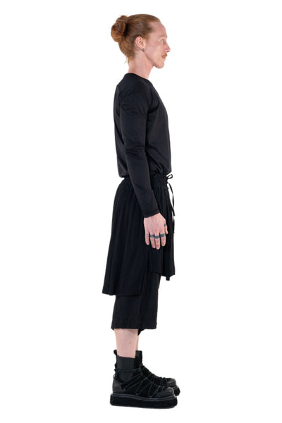 Shop Emerging Slow Fashion Genderless Alternative Avant-garde Designer Mark Baigent Annex Collection Fair Trade Black Linen Viscose Blend Low Crotch Bastian Shorts at Erebus