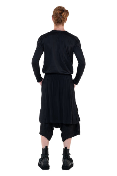 Shop Emerging Slow Fashion Genderless Alternative Avant-garde Designer Mark Baigent Annex Collection Fair Trade Black Linen Viscose Blend Low Crotch Bastian Shorts at Erebus