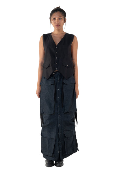 Shop Emerging Slow Fashion Genderless Alternative Avant-garde Designer Mark Baigent Annex Collection Fair Trade Black Cotton Front and Viscose Back Bobby Waistcoat at Erebus