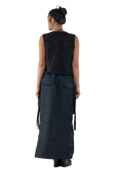 Shop Emerging Slow Fashion Genderless Alternative Avant-garde Designer Mark Baigent Annex Collection Fair Trade Black Cotton Front and Viscose Back Bobby Waistcoat at Erebus