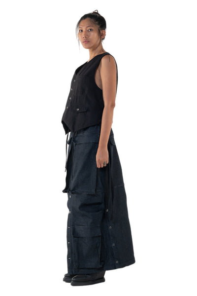 Shop Emerging Slow Fashion Genderless Alternative Avant-garde Designer Mark Baigent Annex Collection Fair Trade Black Cotton Front and Viscose Back Bobby Waistcoat at Erebus