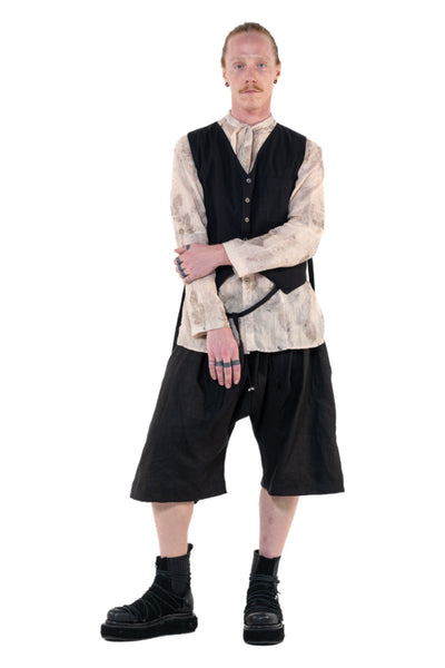 Shop Emerging Slow Fashion Genderless Alternative Avant-garde Designer Mark Baigent Annex Collection Fair Trade Black Cotton Front and Viscose Back Bobby Waistcoat at Erebus