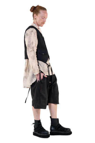 Shop Emerging Slow Fashion Genderless Alternative Avant-garde Designer Mark Baigent Annex Collection Fair Trade Black Cotton Front and Viscose Back Bobby Waistcoat at Erebus