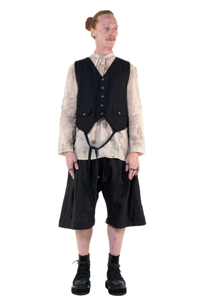 Shop Emerging Slow Fashion Genderless Alternative Avant-garde Designer Mark Baigent Annex Collection Fair Trade Black Cotton Front and Viscose Back Bobby Waistcoat at Erebus