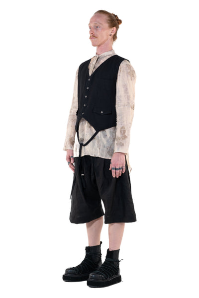 Shop Emerging Slow Fashion Genderless Alternative Avant-garde Designer Mark Baigent Annex Collection Fair Trade Black Cotton Front and Viscose Back Bobby Waistcoat at Erebus