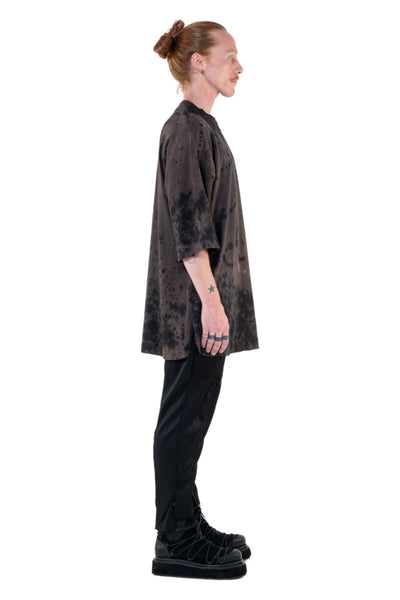 Shop Emerging Slow Fashion Genderless Alternative Avant-garde Designer Mark Baigent Annex Collection Fair Trade Black and Noda Pink Batik Hand-made Dye Calsi Oversized T-Shirt at Erebus