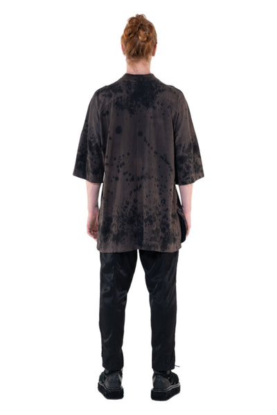 Shop Emerging Slow Fashion Genderless Alternative Avant-garde Designer Mark Baigent Annex Collection Fair Trade Black and Noda Pink Batik Hand-made Dye Calsi Oversized T-Shirt at Erebus