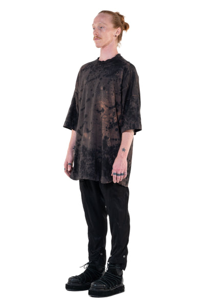 Shop Emerging Slow Fashion Genderless Alternative Avant-garde Designer Mark Baigent Annex Collection Fair Trade Black and Noda Pink Batik Hand-made Dye Calsi Oversized T-Shirt at Erebus