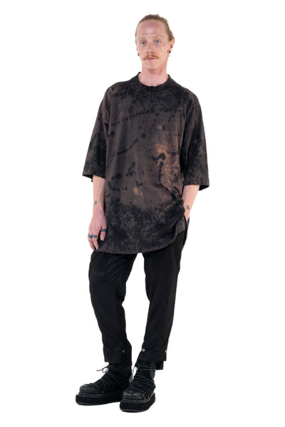 Shop Emerging Slow Fashion Genderless Alternative Avant-garde Designer Mark Baigent Annex Collection Fair Trade Black and Noda Pink Batik Hand-made Dye Calsi Oversized T-Shirt at Erebus