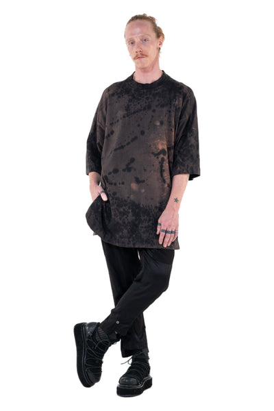 Shop Emerging Slow Fashion Genderless Alternative Avant-garde Designer Mark Baigent Annex Collection Fair Trade Black and Noda Pink Batik Hand-made Dye Calsi Oversized T-Shirt at Erebus