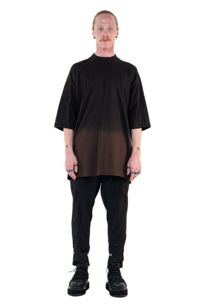 Shop Emerging Slow Fashion Genderless Alternative Avant-garde Designer Mark Baigent Annex Collection Fair Trade Black to Wood Hand-made Ombre Dye Calsi Oversized T-Shirt at Erebus