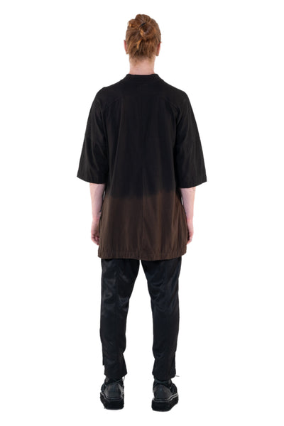 Shop Emerging Slow Fashion Genderless Alternative Avant-garde Designer Mark Baigent Annex Collection Fair Trade Black to Wood Hand-made Ombre Dye Calsi Oversized T-Shirt at Erebus